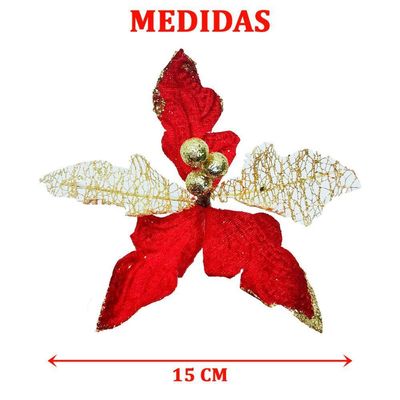 Kit 12 Flor Artificial Decoração Brilho Vermelho Gliter 15cm