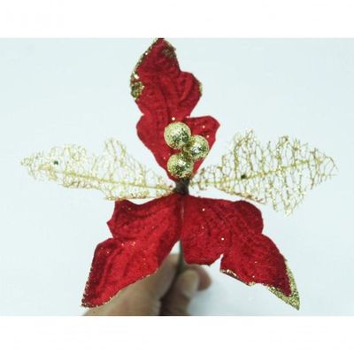 Kit 12 Flor Artificial Decoração Brilho Vermelho Gliter 15cm