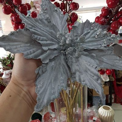 Flor Artificial Poinsétia Prata 25cm