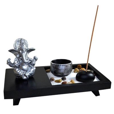 Terrário Bandeja Areia Altar Ganesha Jardim Zen Decorativo Porta Vela Incensário Madeira 10cm