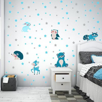 Adesivos De Parede Animais Bichinhos Estrelas Titulo Azul