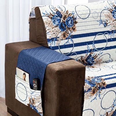 Protetor Sofa Estampado Isabela 2 E 3 Lugares - Floral Azul Marinho.