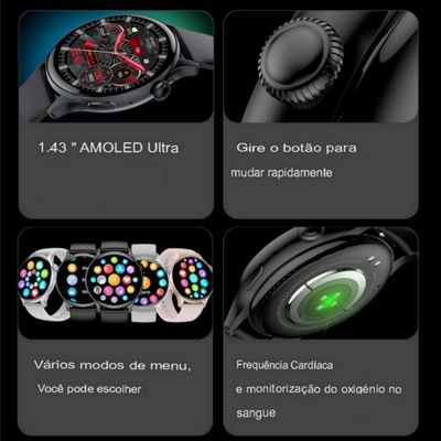 Relógio Inteligente Chamada Bluetooth Tela Amoled Hd Preto