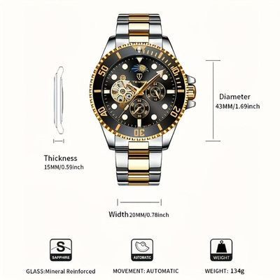 Relógio De Luxo , Automático Mecânico, 5 Pontos, Cronógrafo De 24h, Aço Inoxidável Dourado Preto