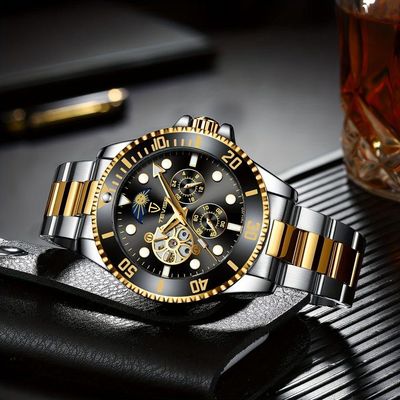 Relógio De Luxo , Automático Mecânico, 5 Pontos, Cronógrafo De 24h, Aço Inoxidável Dourado Preto