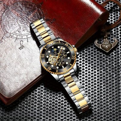 Relógio De Luxo , Automático Mecânico, 5 Pontos, Cronógrafo De 24h, Aço Inoxidável Dourado Preto