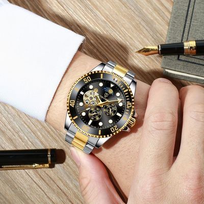 Relógio De Luxo , Automático Mecânico, 5 Pontos, Cronógrafo De 24h, Aço Inoxidável Dourado Preto