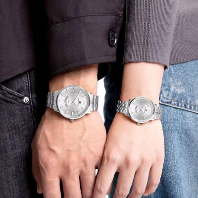 Relogio De Pulso Conjunto Casal Em Aço Inoxidável De Quartzo Design Casual Impermeavel 3atm Branco