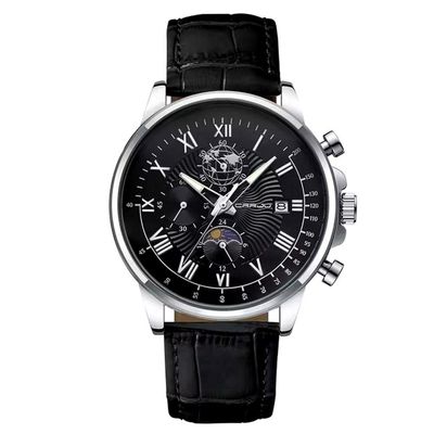 Relógio Clássico Masculino Sun Moon Quartzo Casual Impermeável 3atm Preto Prata