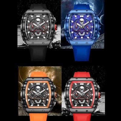 Relógio De Quartzo Impermeável Masculino Caveira Esportivo Casual Tonneau Prata