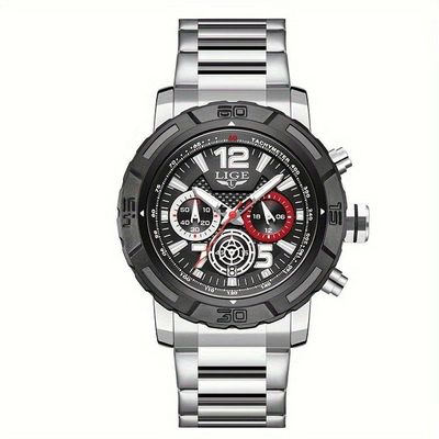 Relógio De Quartzo Masculino Em Aço Inoxidavel Design Esportivo á Prova D´agua Preto Prateado