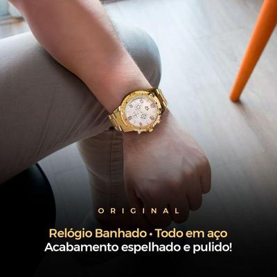 Relogio Masculino Dourado + Caixa Pulseira + Cordao Grumet