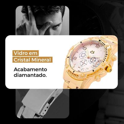 Relogio Masculino Dourado + Caixa Pulseira + Cordao Grumet