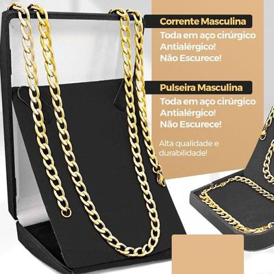 Relogio Masculino Dourado + Caixa Pulseira + Cordao Grumet