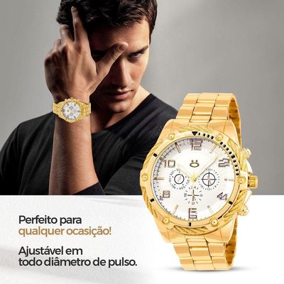 Relogio Masculino Dourado + Caixa Pulseira + Cordao Grumet
