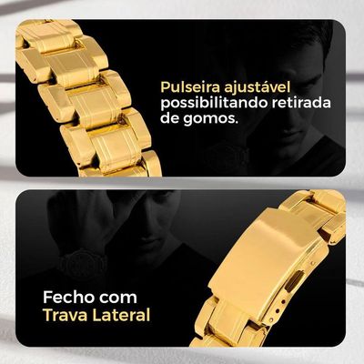 Relogio Masculino Dourado + Caixa Pulseira + Cordao Grumet