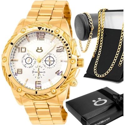 Relogio Masculino Dourado + Caixa Pulseira + Cordao Grumet