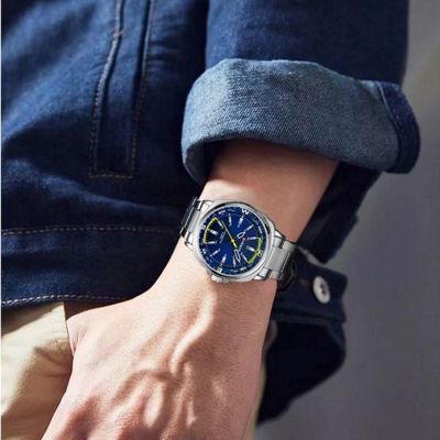 Relógio De Quartzo Masculino Display Analógico, Pulseira De Aço Inoxidável Impermeavel Prata Azul