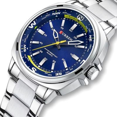 Relógio De Quartzo Masculino Display Analógico, Pulseira De Aço Inoxidável Impermeavel Prata Azul