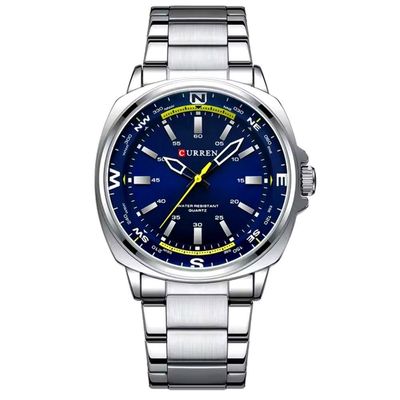 Relógio De Quartzo Masculino Display Analógico, Pulseira De Aço Inoxidável Impermeavel Prata Azul