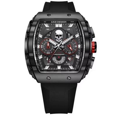Relógio De Quartzo Impermeável Masculino Caveira Esportivo Casual Tonneau Preto