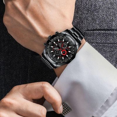 Relógio De Pulso De Quartzo De Aço Inoxidável Masculino, Luxo, Esportes Preto