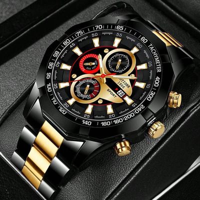 Relógio De Pulso De Quartzo De Aço Inoxidável Masculino, Luxo, Esportes Preto