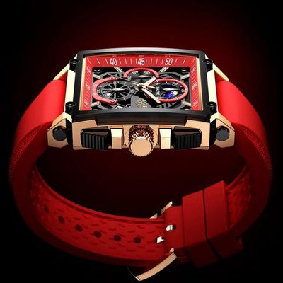 Relógio Quartzo Com Cronógrafo Esportivo Masculino Design Tonneau Impermeável 3atm Vermelho