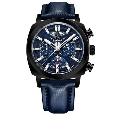 Relógio De Quartzo Mostrador Luminoso Benyar Masculino Design Tonneau Impermeavel Azul Preto