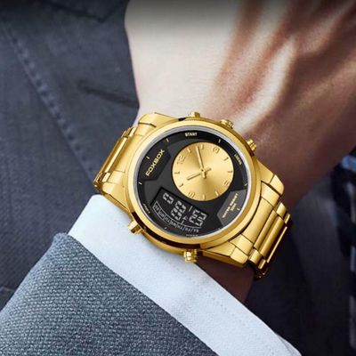 Relógio Digital Masculino Casual Esportivo De Quartzo Em Aço Inoxidavel Impermeavel Dourado Preto