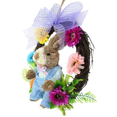 Guirlanda Artesanal Enfeite Páscoa Coelhinho Palha Florida 25cm