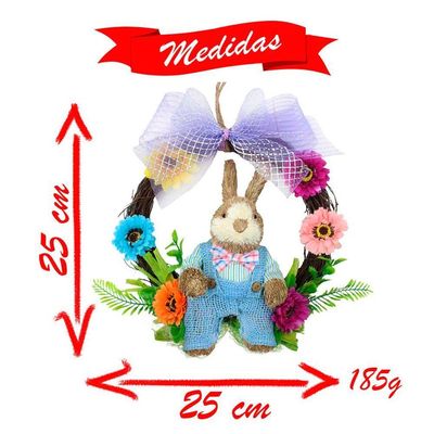 Guirlanda Artesanal Enfeite Páscoa Coelhinho Palha Florida 25cm