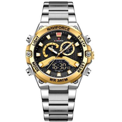 Relógio Esportivo Masculino Em Aço Inoxidável à Prova D'água Com Display Duplo Dourado Prata