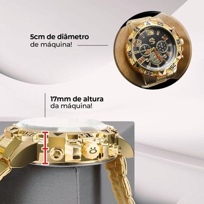 Relogio Masculino Dourado + Pulseira Grumet + Cordão Cruz