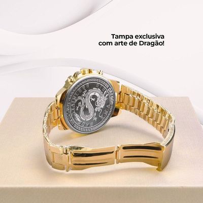 Relogio Masculino Dourado + Pulseira Grumet + Cordão Cruz
