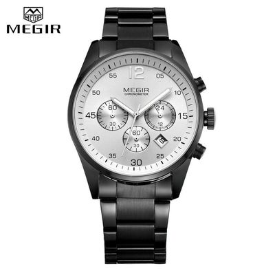 Relógio Masculino Megir 2010 à Prova D'água Prata Preto