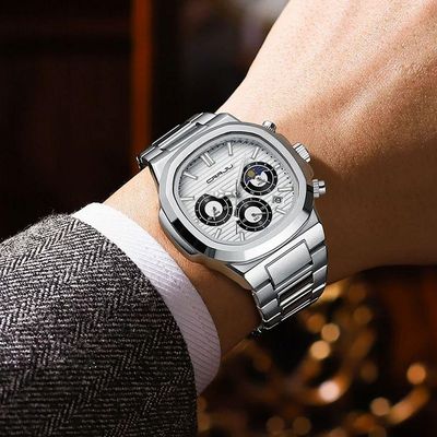Relógio Masculino Quadrado Em Aço Inoxidável Casual Impermeável Quartzo Branco