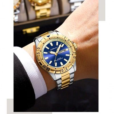 Relógio De Quartzo Em Aço Inoxidável Impermeável Masculino Clássico Analógico Azul Dourado