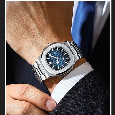 Relogio Analógico Masculino Quadrado Luminoso Em Aço Inoxidável Impermeavel Azul