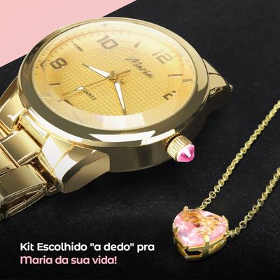 Relogio Feminino Dourado Aço + Colar Coração + Pulseira Qualidade Premium Social Presente Casual