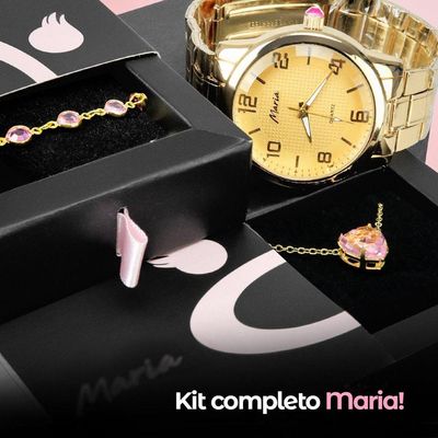 Relogio Feminino Dourado Aço + Colar Coração + Pulseira Qualidade Premium Social Presente Casual