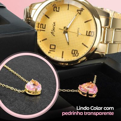 Relogio Feminino Dourado Aço + Colar Coração + Pulseira Qualidade Premium Social Presente Casual