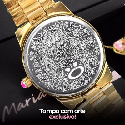 Relogio Feminino Dourado Aço + Colar Coração + Pulseira Qualidade Premium Social Presente Casual