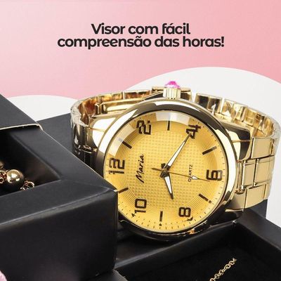 Relogio Feminino Dourado Aço + Colar Coração + Pulseira Qualidade Premium Social Presente Casual
