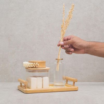 Bandeja De Bambu E Palha Oikos Com Alça 25cm Retangular