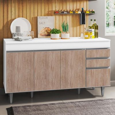 Balcão Gabinete Para Pia 150cm Com Tampo 4 Portas 2 Gavetas Marrocos Branco-castanho - Lumil