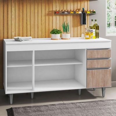 Balcão Gabinete Para Pia 150cm Com Tampo 4 Portas 2 Gavetas Marrocos Branco-castanho - Lumil