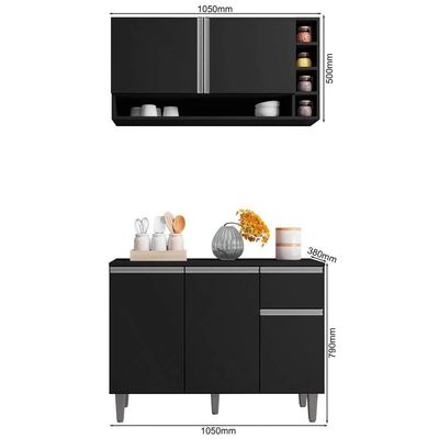 Kit Balcão De Cozinha E Armário Aéreo Elis Preto