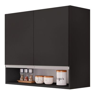 Armário Aéreo Multiuso Lux 80cm 100%mdf 02 Portas Com Nicho Integrado Preto - Desk Design