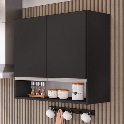 Armário Aéreo Multiuso Lux 80cm 100%mdf 02 Portas Com Nicho Integrado Preto - Desk Design